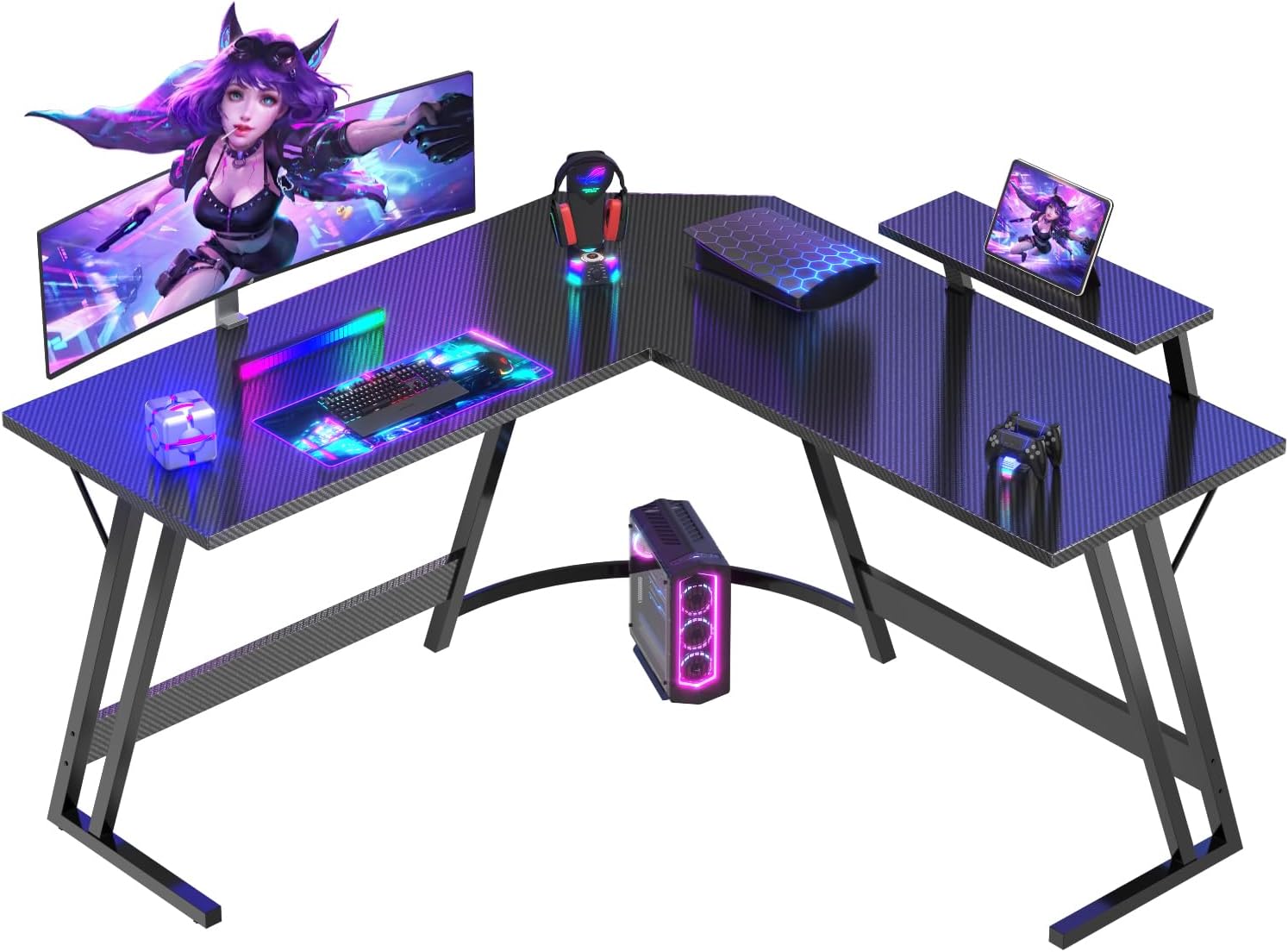 Devoko Bureau Gaming angle 130 x 130cm Support d'écran Table Informatique en Coin Forme de L Table pour Etudier Jouer et Travailler Carbon Noir promo