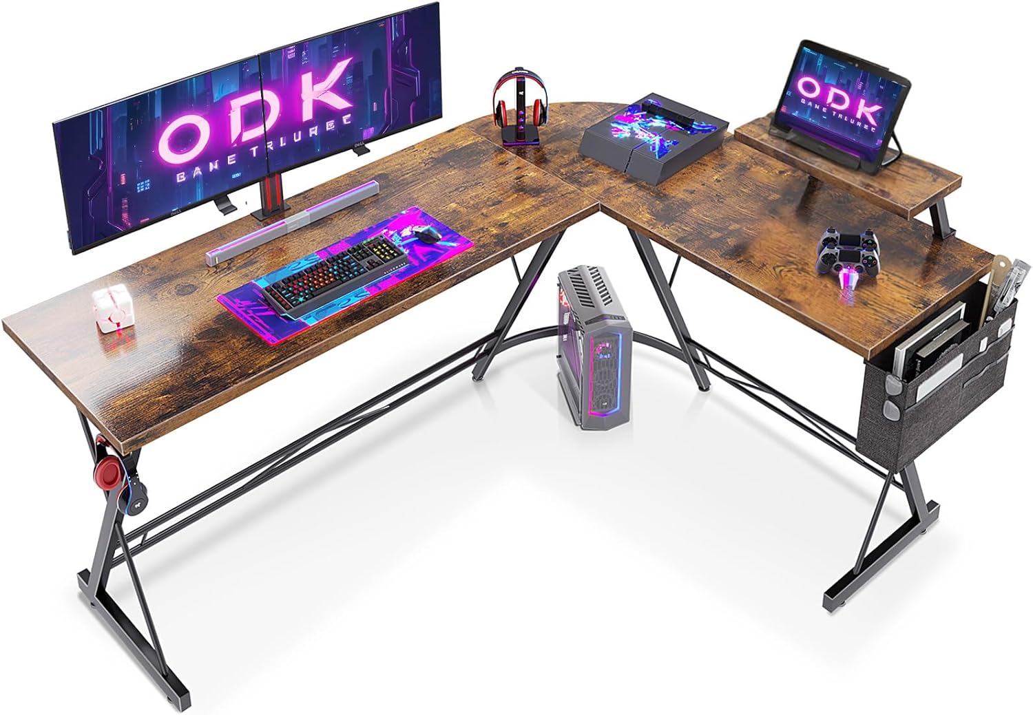 ODK Bureau Gaming Support Moniteur angle en L Brun Vintage 167 x 120cm promo